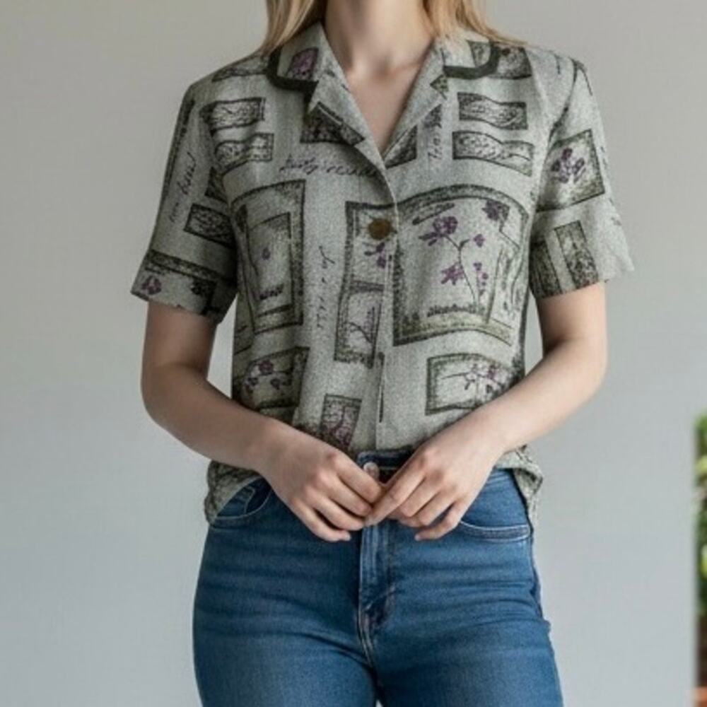 En Focus Studio Vintage 90s Retro Printed Button Shirt Women's Small Olive Green
